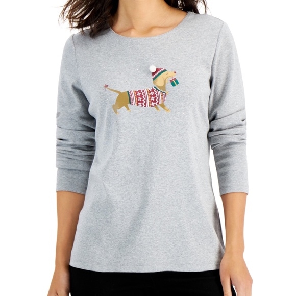 Karen Scott Womens Large Long Sleeve T-Shirt Gray Embellished Christmas Dog - Picture 1 of 10